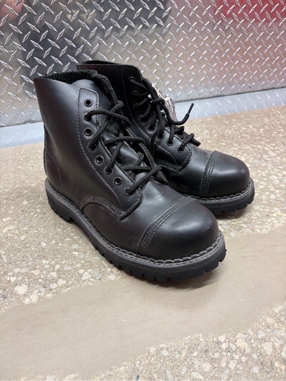 Black Lace-Up Leather Steel Toe Boots, 9US